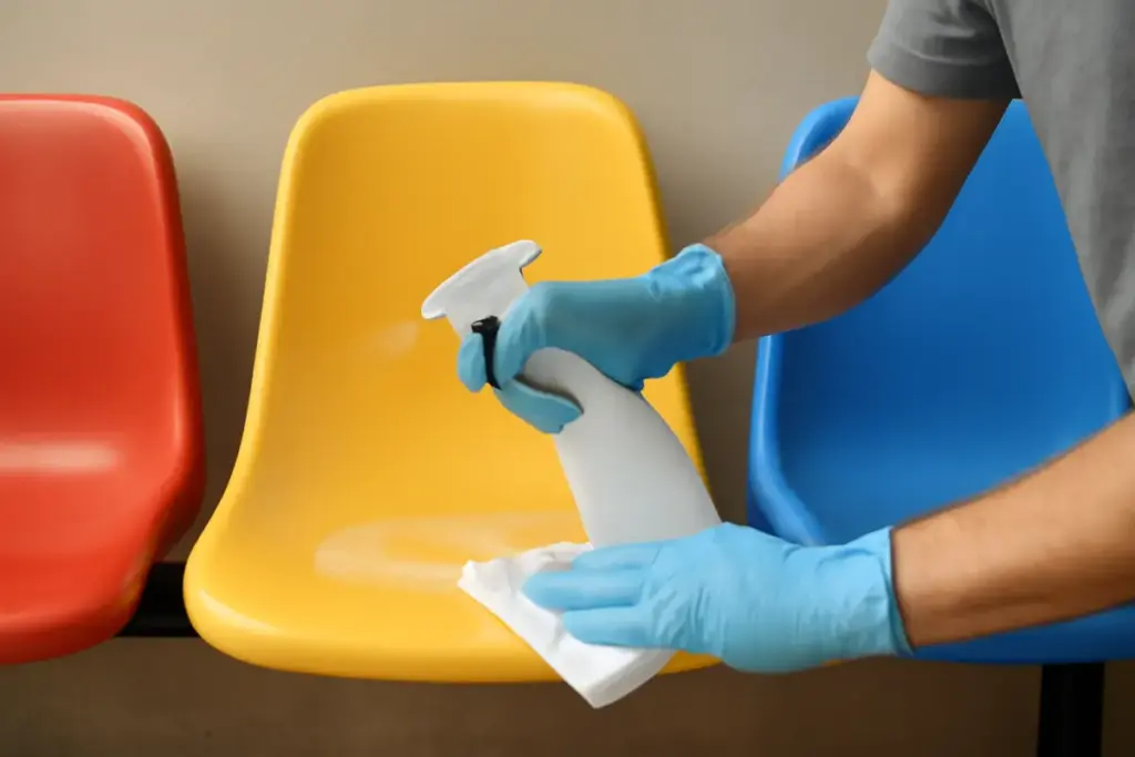 Sanificare le superfici in plastica colorata: l’accorgimento fondamentale che evita lo scolorimento